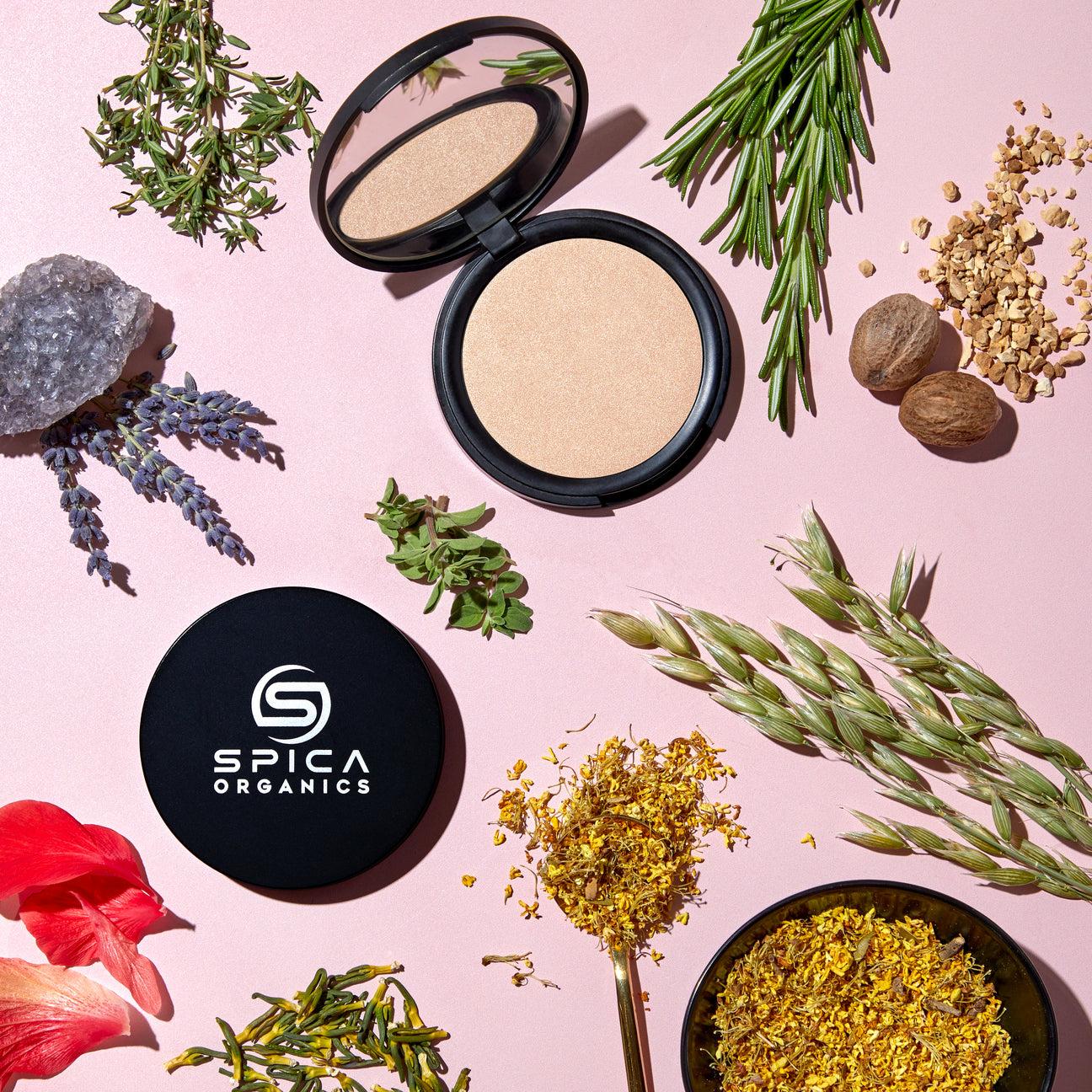 Luxury organic face makeup collection featuring certified natural foundation, bronzer, highlighter, blush and concealer by Spica Organics