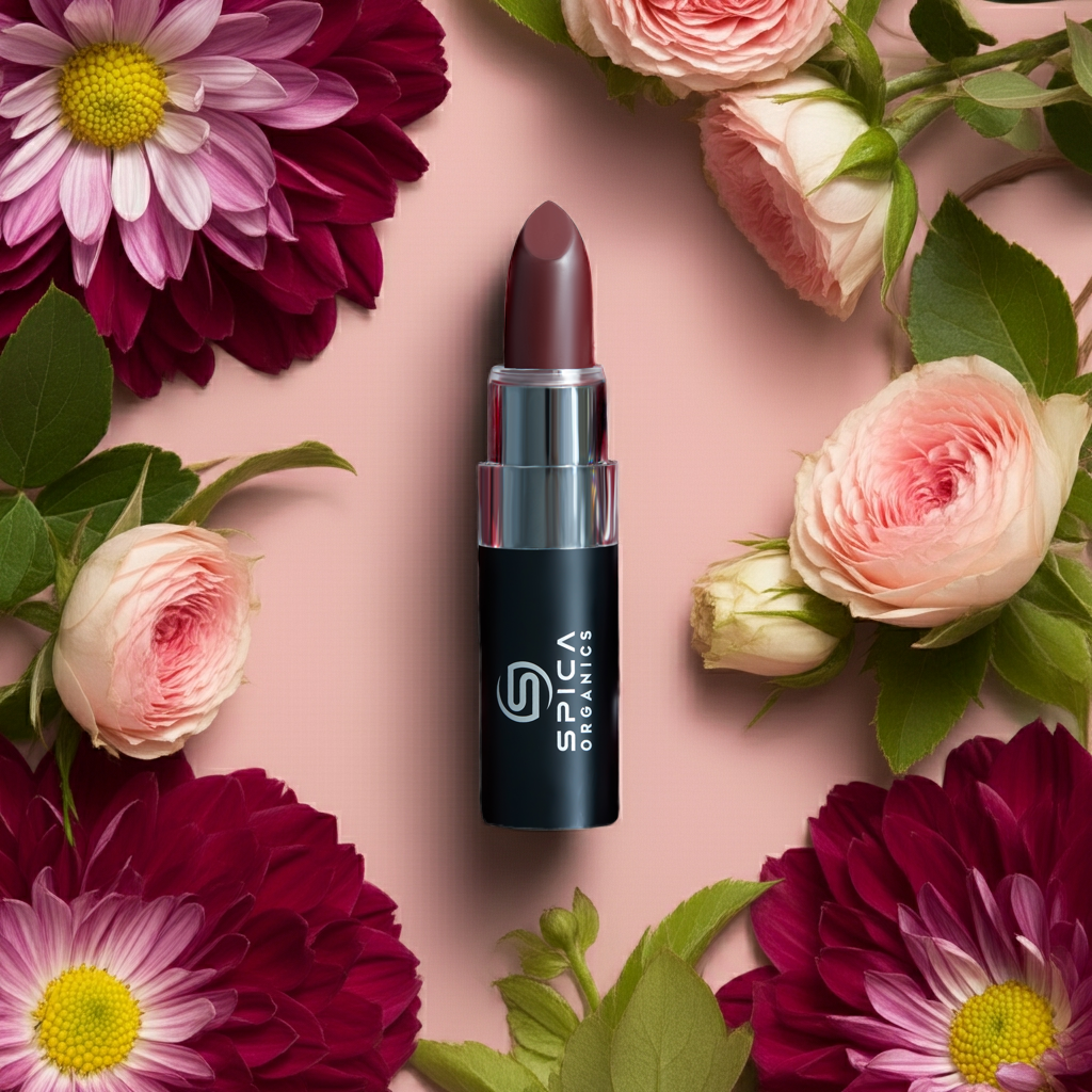 SPICA ORGANICS clean Organic Lipstick showing vibrant color payoff and comfortable wear