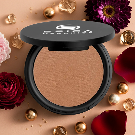 Spica Organics luxury organic bronzer pressed powder compact open, showing velvety sculpting formula