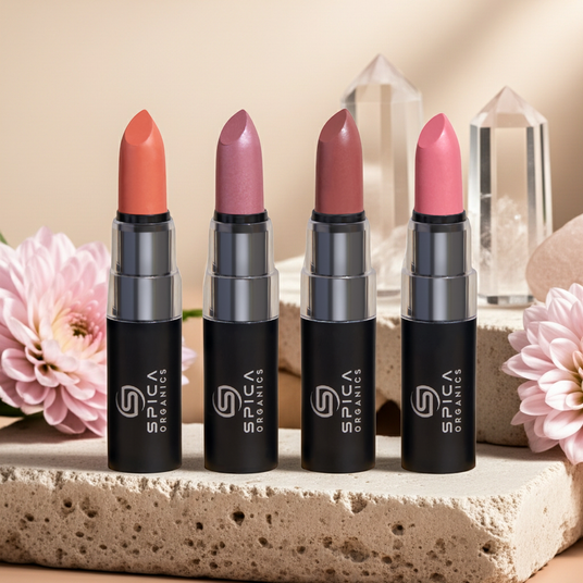 SPICA ORGANICS organic lipstick showing smooth, non-feathering formula texture for soft application