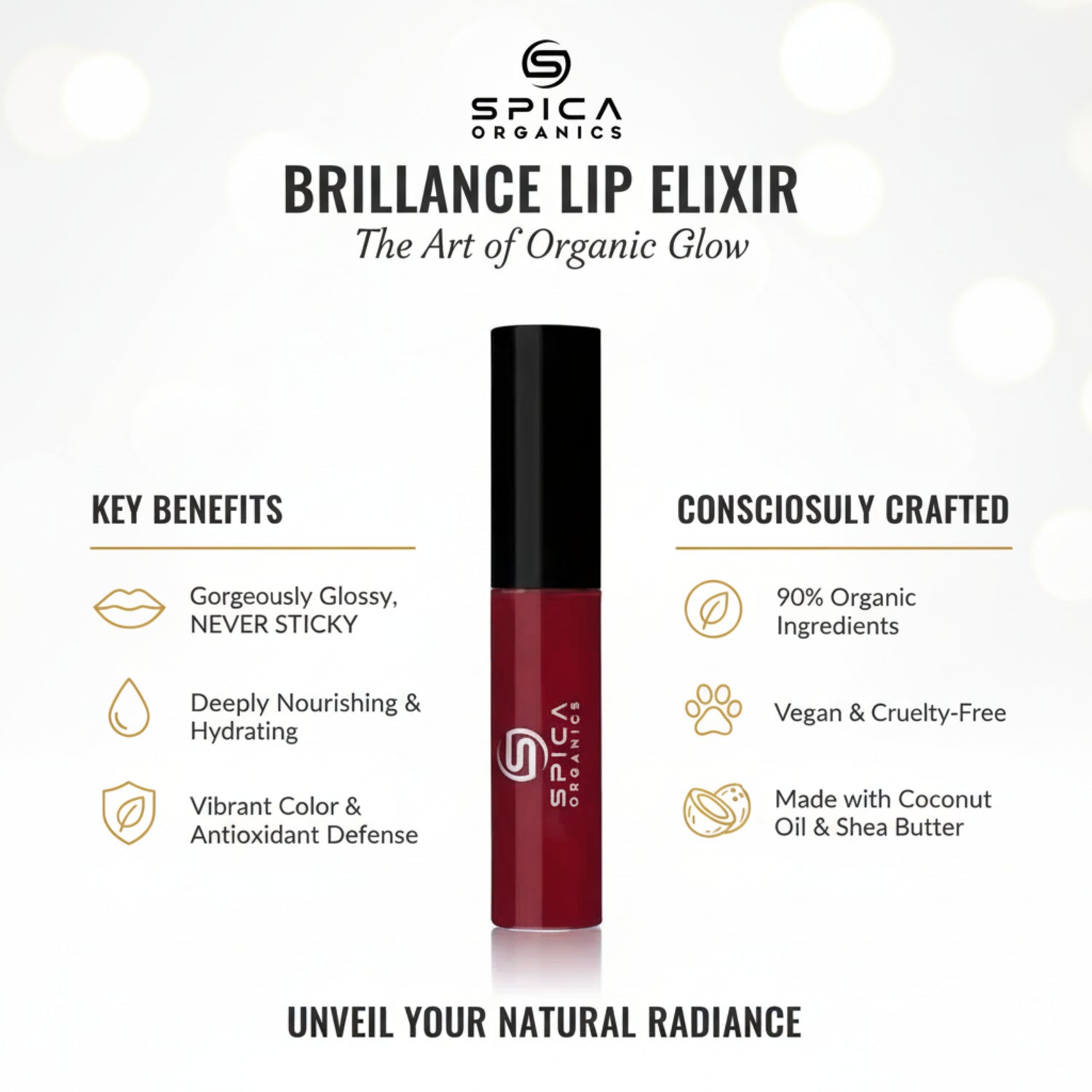 Spica Organics Brilliance Lip Elixir with key benefits and product details on a white background