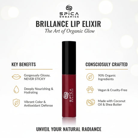 Spica Organics Brilliance Lip Elixir with key benefits and product details on a white background