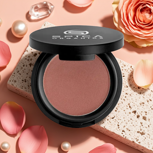 Organic Sublime Glow Blush by Spica Organics open compact close-up revealing buildable mineral powder texture
