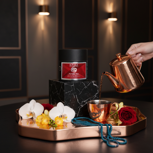 Pouring ORGANIC PU'ERH TEA - Sacred Ritual Elevated Experience - Spica Organics