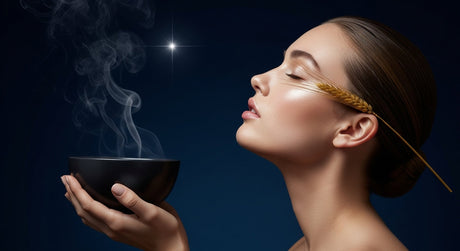 Women holding a tea cup bowl with her eyes closed and Spica star in the dark blue sky in the background