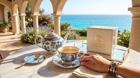First-person POV of a Spica Organics Jasmine Tea ritual on a marble veranda overlooking the ocean, featuring Chinoiserie porcelain.