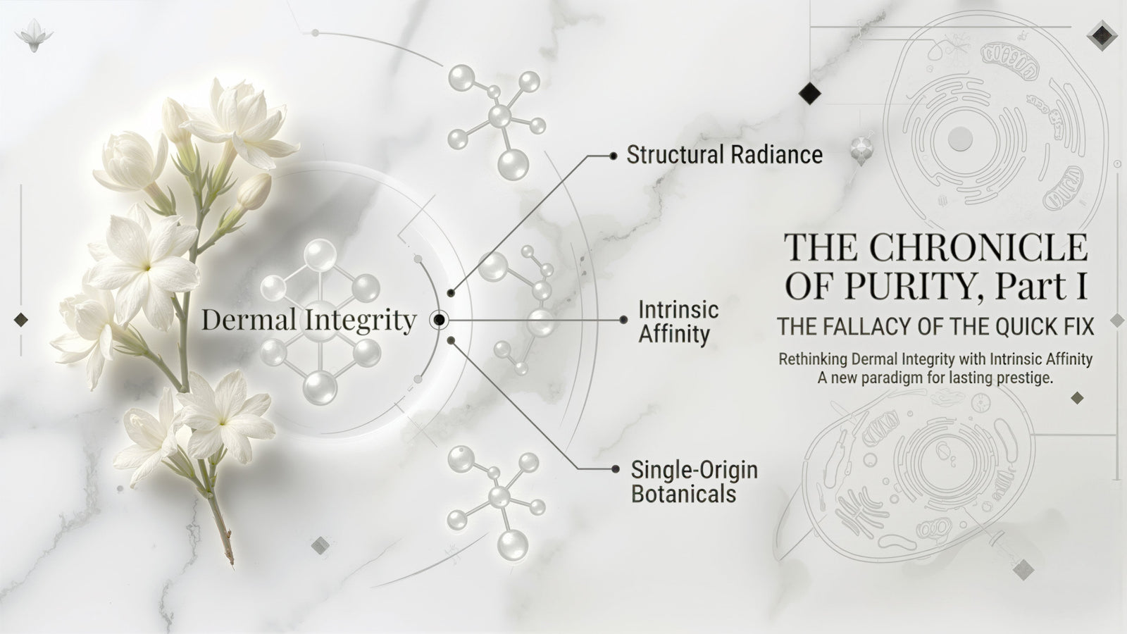 Spica Organics journal banner for The Chronicle of Purity Part I, featuring white jasmine blossoms on an alabaster marble backdrop with minimalist scientific diagrams.
