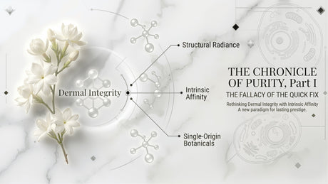 Spica Organics journal banner for The Chronicle of Purity Part I, featuring white jasmine blossoms on an alabaster marble backdrop with minimalist scientific diagrams.