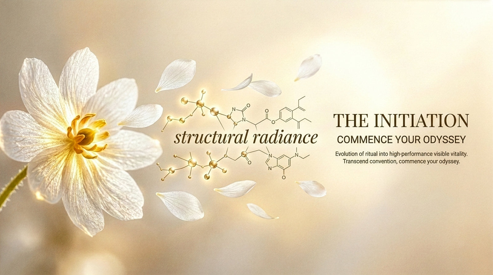 A luxury horizontal brand banner for Spica Organics featuring a large, glowing white Skeleton Flower on the left. Translucent petals drift from the flower and transform into a glowing golden molecular matrix and geometric nodes.