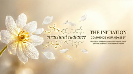 A luxury horizontal brand banner for Spica Organics featuring a large, glowing white Skeleton Flower on the left. Translucent petals drift from the flower and transform into a glowing golden molecular matrix and geometric nodes.