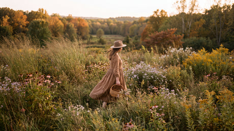 A woman in a brown dress and a straw hat walking through a field of wildflowers carrying a woven basket.