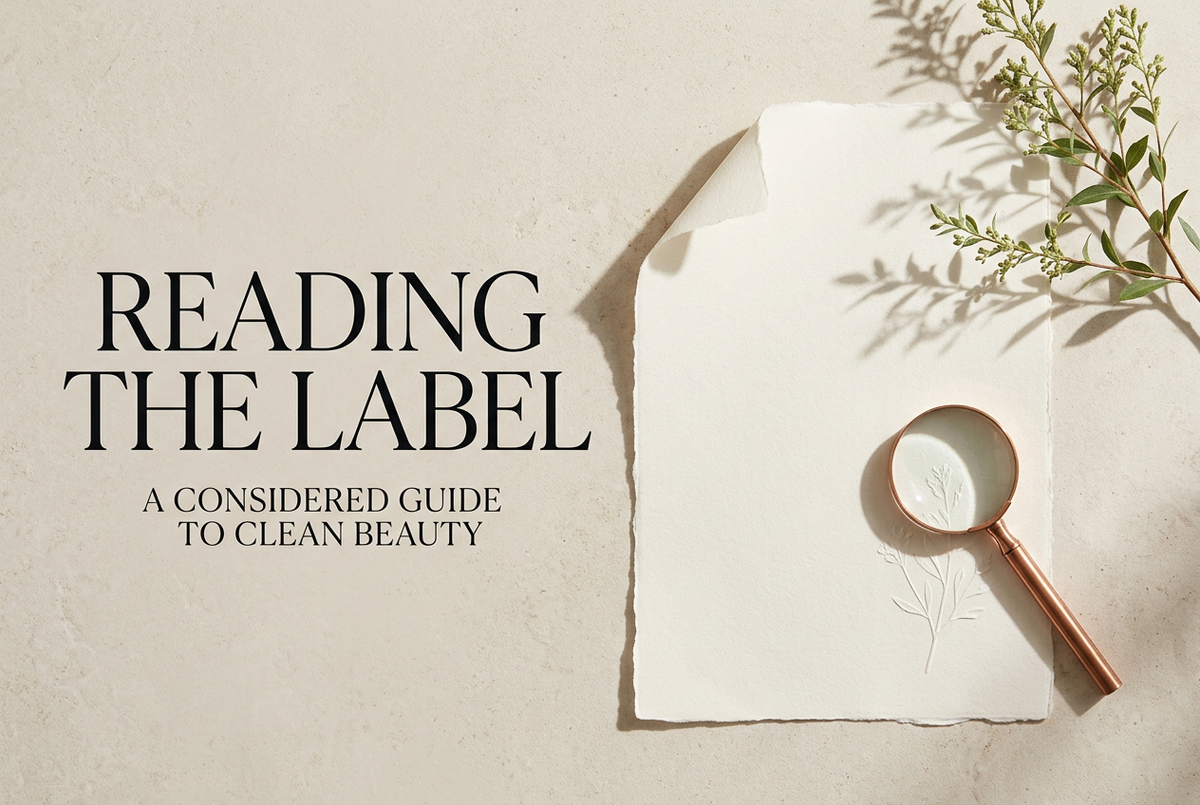 Reading the Label: A Considered Guide to Clean Beauty, with ivory paper, a copper magnifying glass, and a botanical branch.