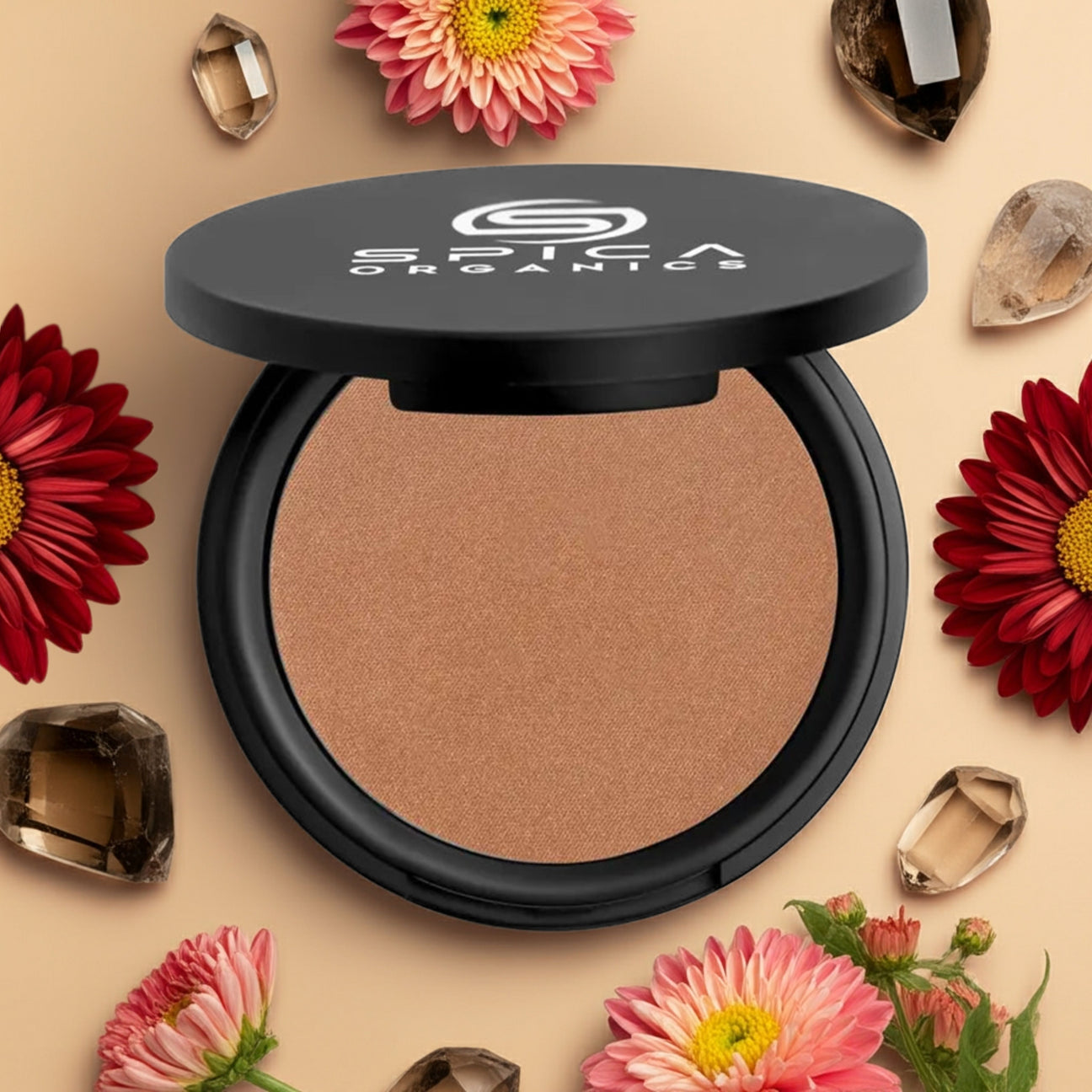 Luxury organic bronzer with 75% certified natural ingredients, velvety sculpting powder for dimensional warmth by Spica Organics