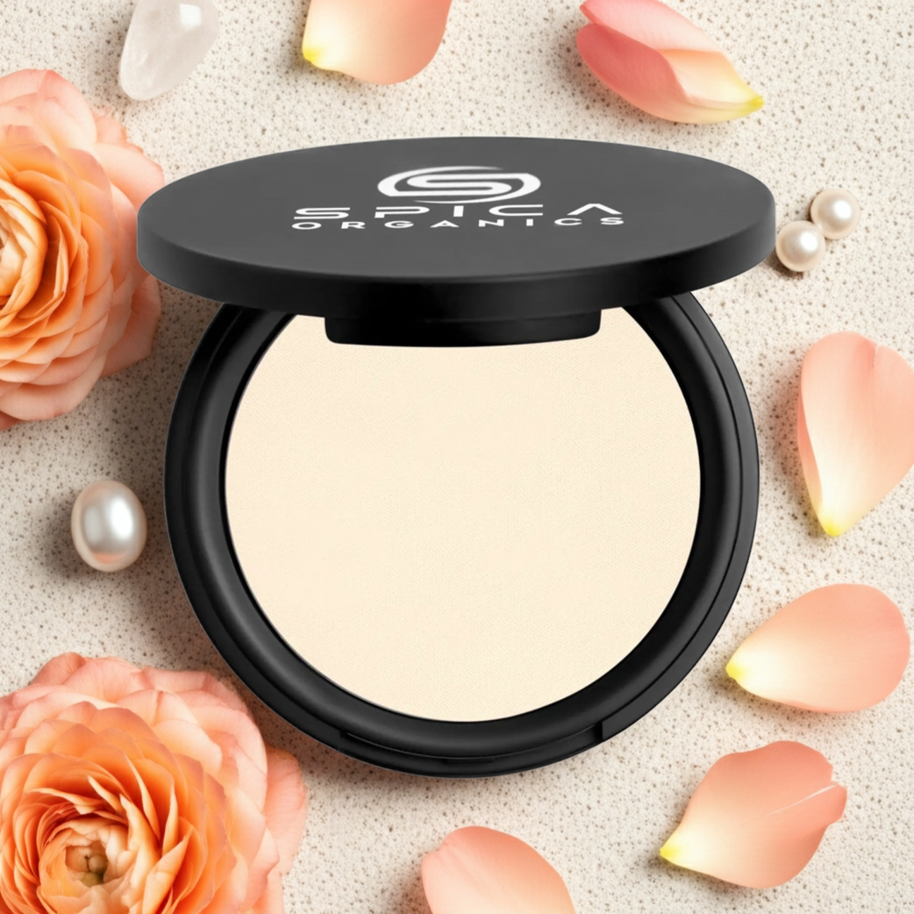 Luxury organic setting powder with 70% certified natural ingredients, weightless matte finish for lasting wear by Spica Organics