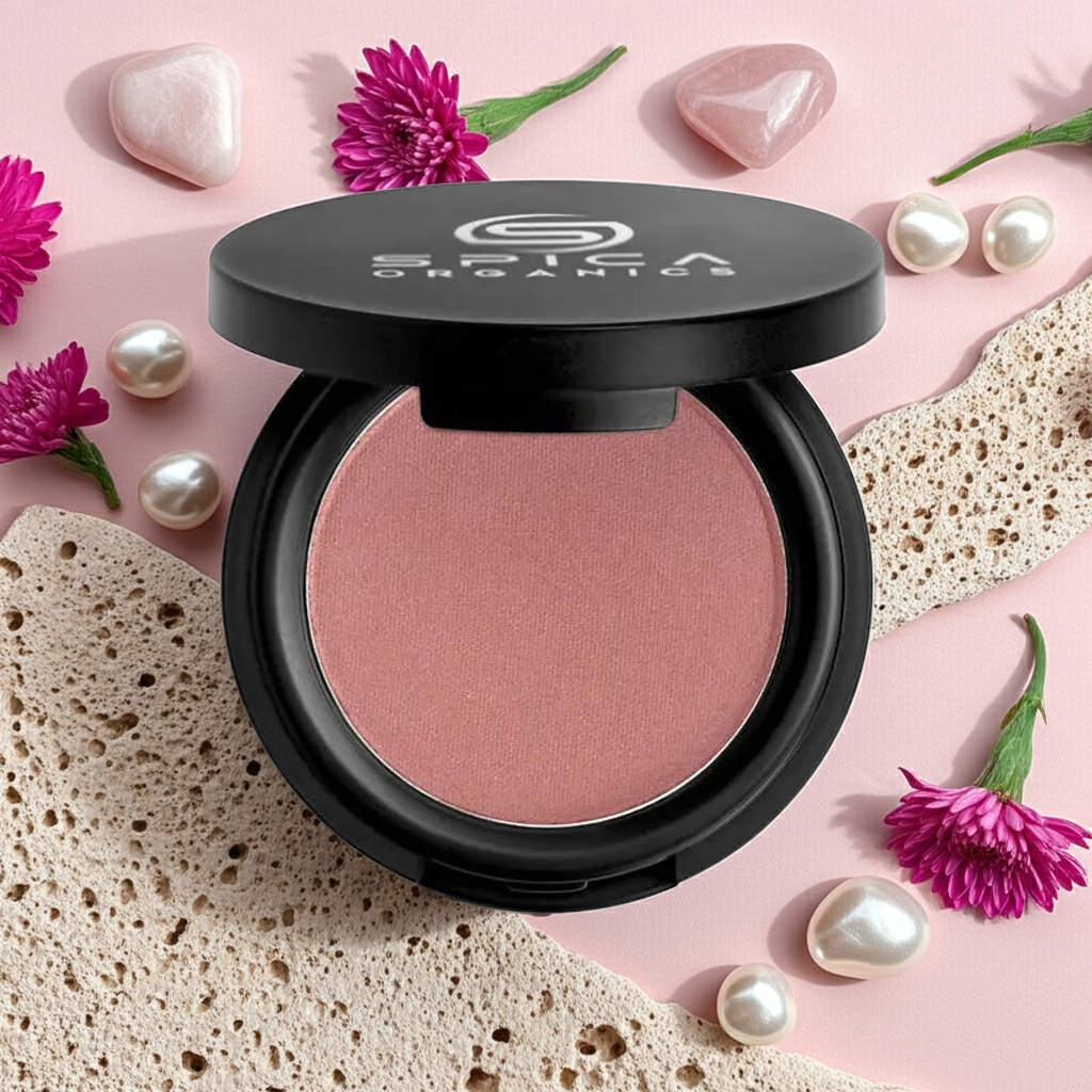 Luxury organic blush with 75% certified natural ingredients, antioxidant-rich mineral powder for vital radiance by Spica Organics