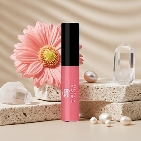 SPICA ORGANICS Brilliance Lip Elixir showing high-luster, glass-like shine and weightless formula