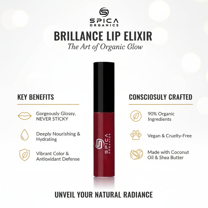 Spica Organics Brilliance Lip Elixir with key benefits and product details on a white background