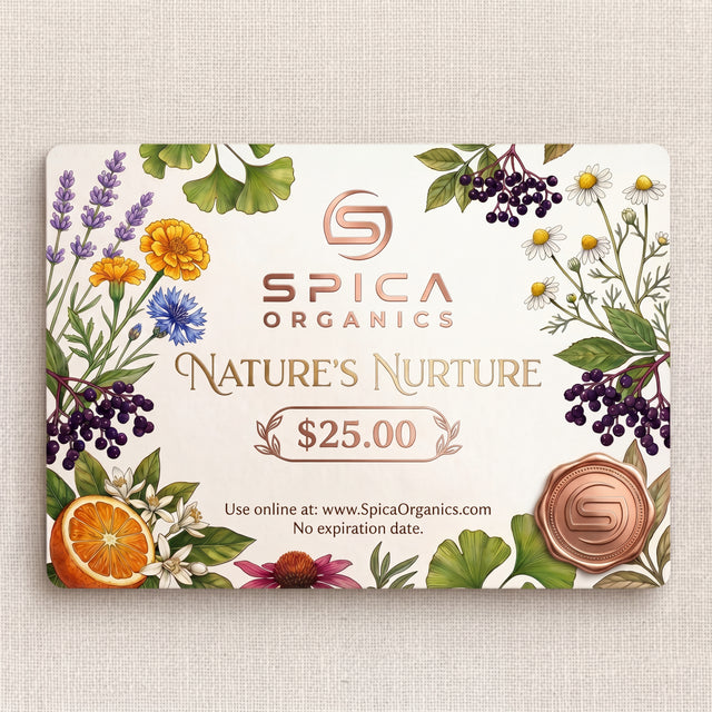 Spica Organics gift card with nature-themed design on a textured beige background