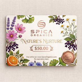 Spica Organics gift card with nature-themed design on a textured beige background