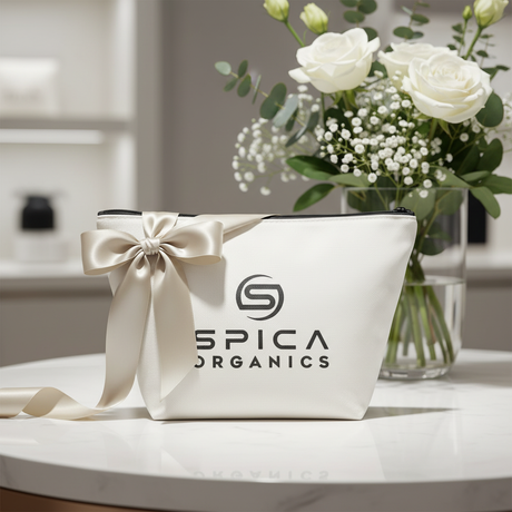 White pouch with a bow and 'Spica Organics' logo on a table with flowers in the background