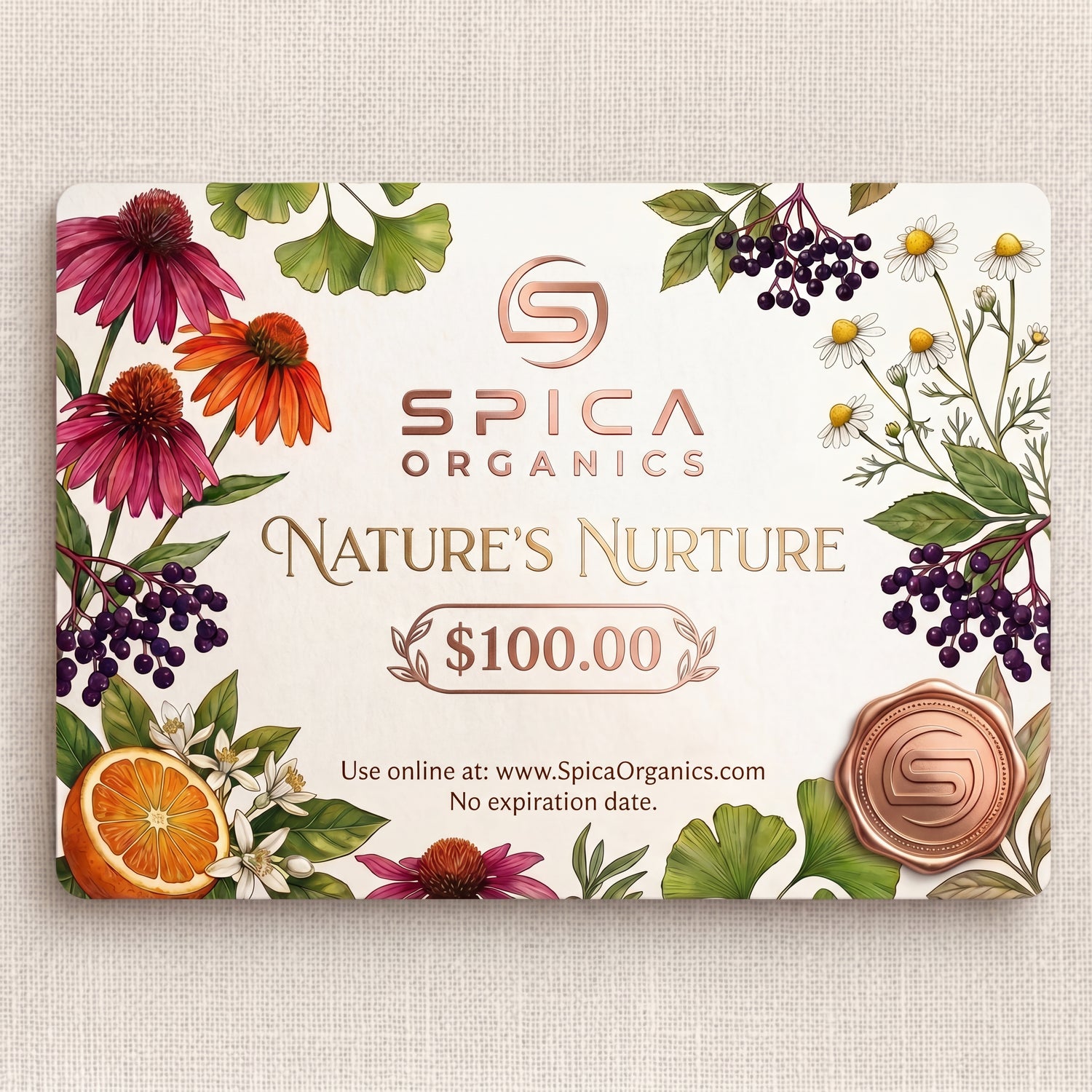 Spica Organics gift card with nature-themed design on a textured beige background