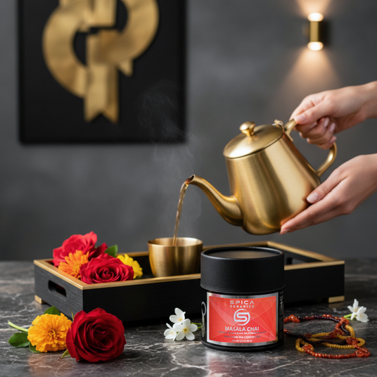 Pouring ORGANIC MASALA CHAI - Sacred Ritual Elevated Experience - Spica Organics