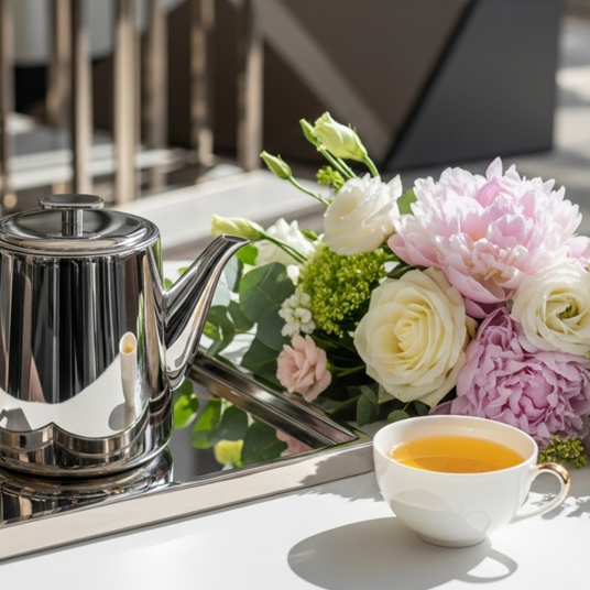 ORGANIC JASMINE LEAF TEA Brewed - Light Golden Infusion with Ethereal Floral Notes in a cup and in a reflective teapot with fresh flowers - Spica Organics

